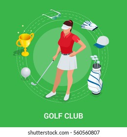 Golf club concept. Isometric golfer and apparel. 