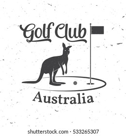 Golf club concept with kangaroo silhouette. Vector golfing club retro badge. Concept for shirt, print, seal or stamp. Typography design.