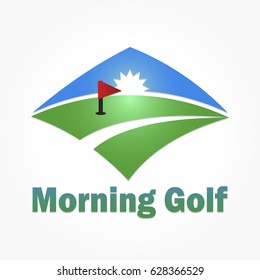 golf club or golf course logo vector in green and blue with red flag