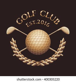 Golf club, course vector logo, sign, symbol, emblem. Golden wreath, trophy with two golf putters and ball