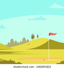 Golf club court vector illustration. Open field flat drawing. Spring grass lawn background. Green park with flags, holes, trees and hills landscape. Bright background