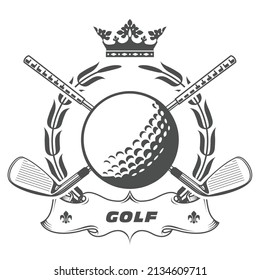 Golf club emblem, crossed golf clubs and ball, laurel wreath and banner, award, vector