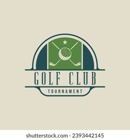 diseño gráfico del icono del icono del emblema del club de golf, de la plantilla de ilustración del vector. símbolo de palo y bola de deporte para el torneo o la liga con el concepto de escudo de insignia