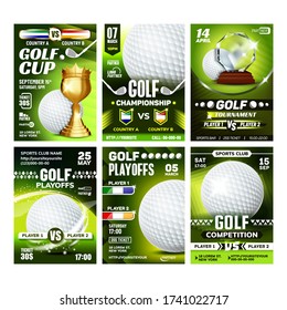 Golf Club Field Playground Game Posters Set Vector. Playing Ball And Golf Stick, Tee And Bag Sport Equipment Collection Different Creative Advertising Banners. Brochures Concept Template Illustrations