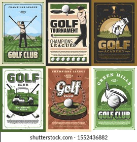 Golf club, golfing sport game items. Vector golfer, crossed sticks and ball, god trophy playing field. Golfing court and tee, player doing swift with ball, transportation cart, tournament