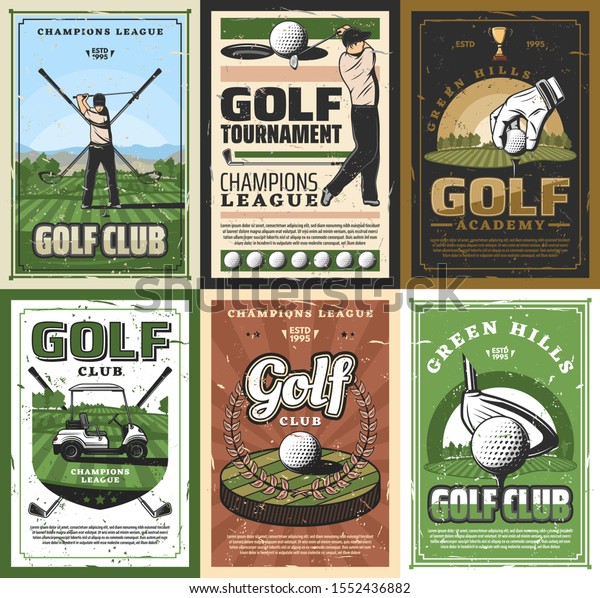 Golf\
club, golfing sport game items. Vector golfer, crossed sticks and\
ball, god trophy playing field. Golfing court and tee, player doing\
swift with ball, transportation cart,\
tournament