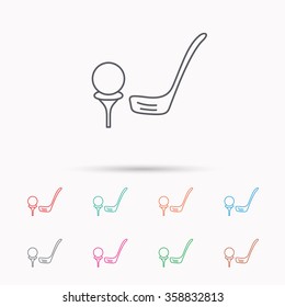 Golf club icon. Golfing sport sign. Professional equipment symbol. Linear icons on white background.