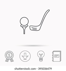 Golf club icon. Golfing sport sign. Professional equipment symbol. Download arrow, lamp, learn book and award medal icons.