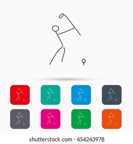 Golf club icon. Golfing sport sign. Professional equipment symbol. Linear icons in squares on white background. Flat web symbols. Vector