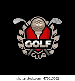 Golf club icon logo emblem. Vector image of the Golf ball caddy of the shield and wreath with the words Golf club on black background.