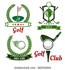 Golf club icons, emblems and symbols with flying ball, clubs, trophy cup and golf balls on field with flagstick and on starting position with tee.  Framed by wreaths, shield, stars and ribbon banners