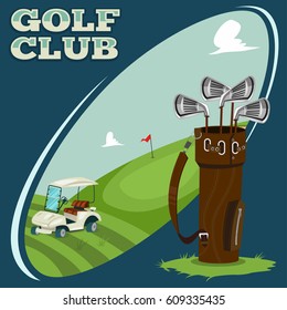 Golf club illustration with a green field for a sport game, electric car and clubs. Vector cartoon design.