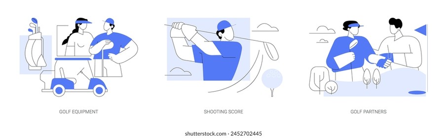 Club de golf aislado conjunto de Ilustraciones vectoriales de dibujos animados. Grupo de jugadores felices se paran cerca del Carrito de golf con equipo, puntaje de tiro, pelota de bateo, diversas personas se dan la mano en la caricatura del Vector de la cancha.