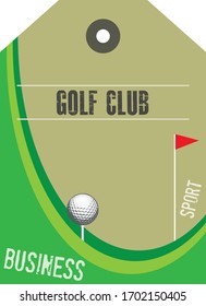 Golf club label with accessories and a stylized field.