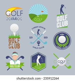 Golf club label set with ball tee player lawn competition isolated vector illustration