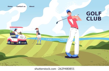 Página inicial do clube de golfe. Jogador de desenhos animados bater bola putt para buraco no fundo de grama verde do campo, profissional golfista banner golfe esporte competição, elegante vetor ilustração original arte
