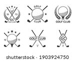 Golf club logo, badge or icon set with crossed golf clubs and ball on tee. Vector illustration.  