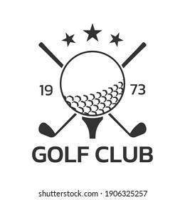 Golf club logo, badge or icon with crossed golf clubs and ball on tee. Vector illustration.  
