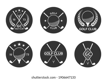 Golf club logo, badge or icon set with crossed golf clubs and ball on tee. Vector illustration.  