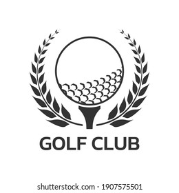 Golf club logo, badge or icon with ball on tee and laurel wreath. Vector illustration.  