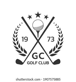 Golf club logo, badge or icon with crossed golf clubs and ball on tee. Vector illustration.  