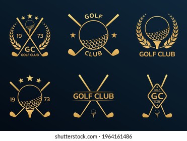 Golf club logo, badge or icon set with crossed golf clubs and ball on tee. Vector illustration.  