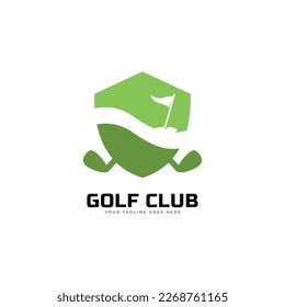 Golf club logo, badge or icon with crossed golf clubs and ball on tee. Vector illustration.