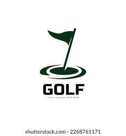 Golf club logo, badge or icon with crossed golf clubs and ball on tee. Vector illustration.