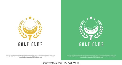 Ilustración del logo del club de golf. Idea creativa marca de etiqueta de la etiqueta de la etiqueta de la silueta de la bola de golf de oro. Diseño deportivo profesional retro clásico.