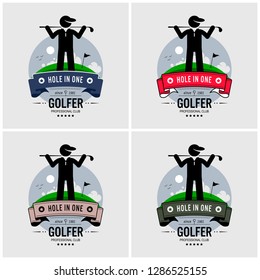 Golf club logo design. Vector artwork of a golfer posing in front of a golf course field and a green with a flag.
