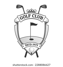 Golf club logo, icon or badge design with ball on a tee and crossed golf sticks. Vintage shield emblem with laurel wreath and ribbon. Sport tournament or championship label. Vector illustration.