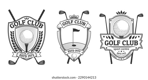 Golf club logo, icon or badge set. Vintage design with ball on a tee and crossed golf sticks. Retro shield emblems. Sport tournament or championship labels. Vector illustration.