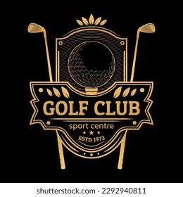 Golf club logo, icon or badge design with ball on a tee and golf sticks. Vintage sport emblem. Tournament or championship label. Vector illustration.