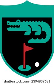 Logo del club de golf, icono o conjunto de insignias. Diseño vintage con ícono de cocodrilo, agujero y bola en el tee. Emblemas de escudo retro. Etiquetas de torneo deportivo o campeonato. Ilustración vectorial.