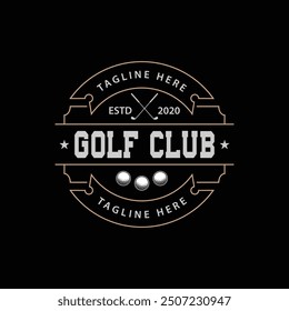 Golf club logo, icon or badge design with ball on a tee and golf sticks. Vintage sport emblem. Tournament or championship label. Vector illustration.