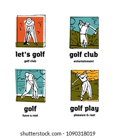Golf club logo icons set. Sports, recreation, man, woman with golf stick in the park.
