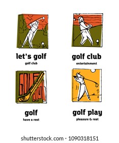 Golf club logo icons set. Sports, recreation, man, woman with golf stick in the park.