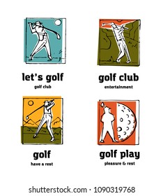 Golf club logo icons set. Sports, recreation, man, woman with golf stick in the park.