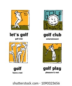 Golf club logo icons set. Sports, recreation, man, woman with golf stick in the park.