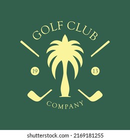 Golf club logo with palm tree and iron clubs is a vintage tropical vector design