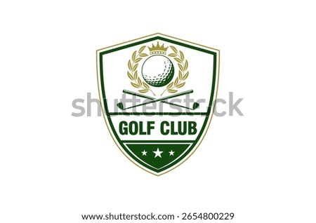 Golf club logo with a shield, golf ball, and crossed clubs.