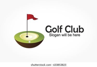 golf club logo vector with a piece of green field and soil, and a red flag