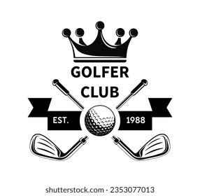 Golf club membership or tournament, isolated monochrome icon with sticks and ball. Golfing and entertainment, fun and activities for summer. Logotype or label, emblem or logo. Vector in flat style