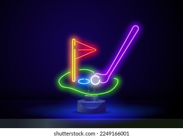 Golf club neon icon. Outdoor activities. Golf glowing sign Includes icons such as golf ball, hole. Sports concept.