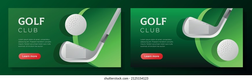 Golf club online banner template set, golf course sports corporate advertisement, horizontal ad, white golfball campaign webpage, flyer, creative brochure, isolated on background.