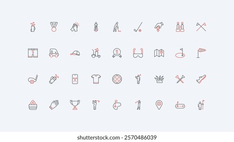 Golf club, professional equipment for game, trophy of tournament line icon set. Players bag with sticks and glove, ball and flag on grass field thin black and red outline symbols vector illustration