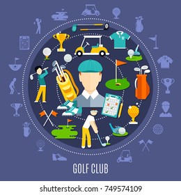 Golf club round composition including icons with game equipment and players on dark blue background vector illustration