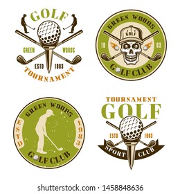 Golf club set of four colored vector emblems, badges, labels or logos in vintage style isolated on white background