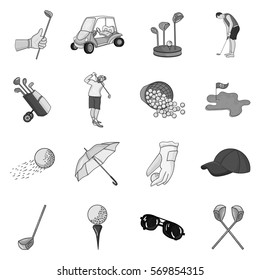 Golf club set icons in monochrome style. Big collection of golf club vector symbol stock illustration