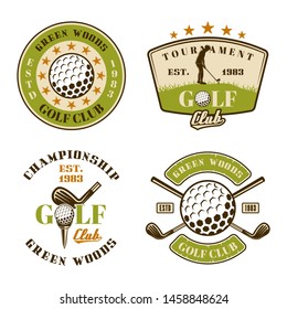 Golf club set of vector emblems, badges, labels or logos. Vintage colored illustration isolated on white background